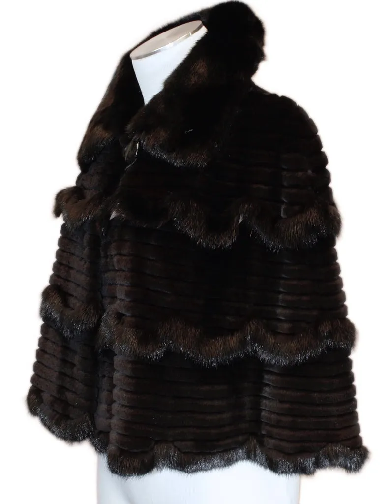 MEDIUM BLACK GROOVED SHEARED & UNSHEARED MINK FUR CAPELET, CAPE