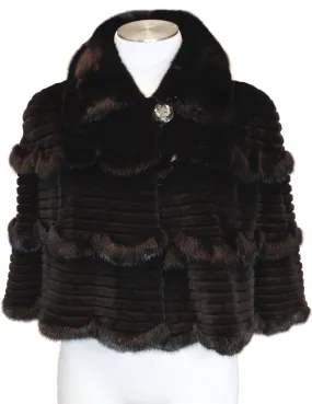 MEDIUM BLACK GROOVED SHEARED & UNSHEARED MINK FUR CAPELET, CAPE