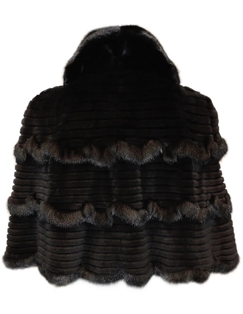 MEDIUM BLACK GROOVED SHEARED & UNSHEARED MINK FUR CAPELET, CAPE