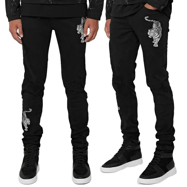 Men Black Washed Jeans New Fashion Personality Biker Slim Denim Pants Retro Trousers Skull Printed Design Street Jeans