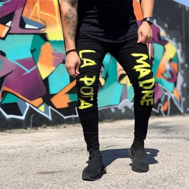 Men Black Washed Jeans New Fashion Personality Biker Slim Denim Pants Retro Trousers Skull Printed Design Street Jeans