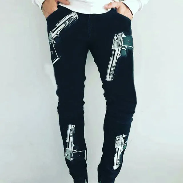 Men Black Washed Jeans New Fashion Personality Biker Slim Denim Pants Retro Trousers Skull Printed Design Street Jeans