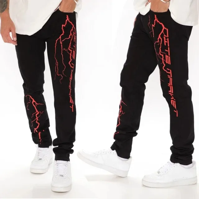 Men Black Washed Jeans New Fashion Personality Biker Slim Denim Pants Retro Trousers Skull Printed Design Street Jeans