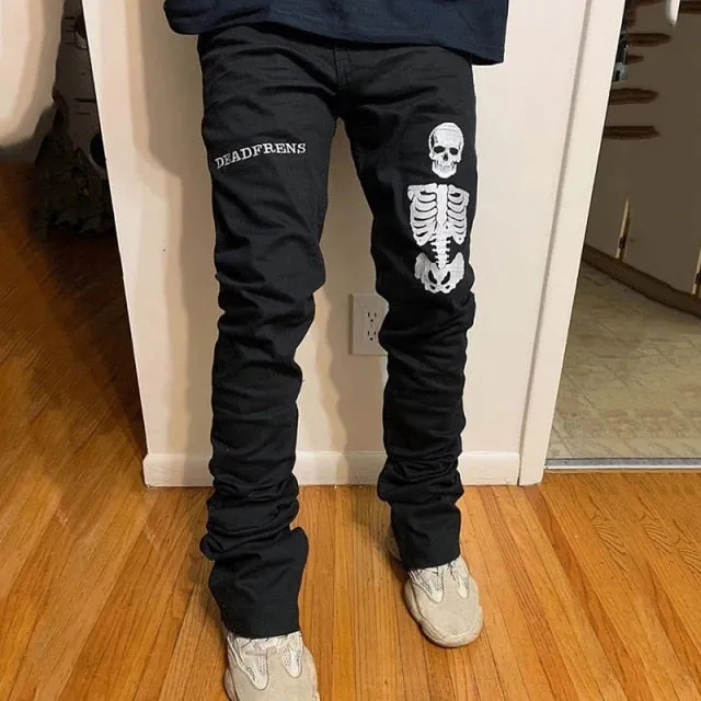 Men Black Washed Jeans New Fashion Personality Biker Slim Denim Pants Retro Trousers Skull Printed Design Street Jeans