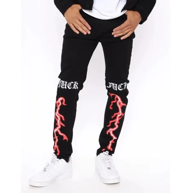 Men Black Washed Jeans New Fashion Personality Biker Slim Denim Pants Retro Trousers Skull Printed Design Street Jeans