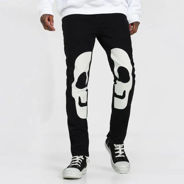 Men Black Washed Jeans New Fashion Personality Biker Slim Denim Pants Retro Trousers Skull Printed Design Street Jeans