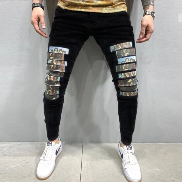 Men Black Washed Jeans New Fashion Personality Biker Slim Denim Pants Retro Trousers Skull Printed Design Street Jeans