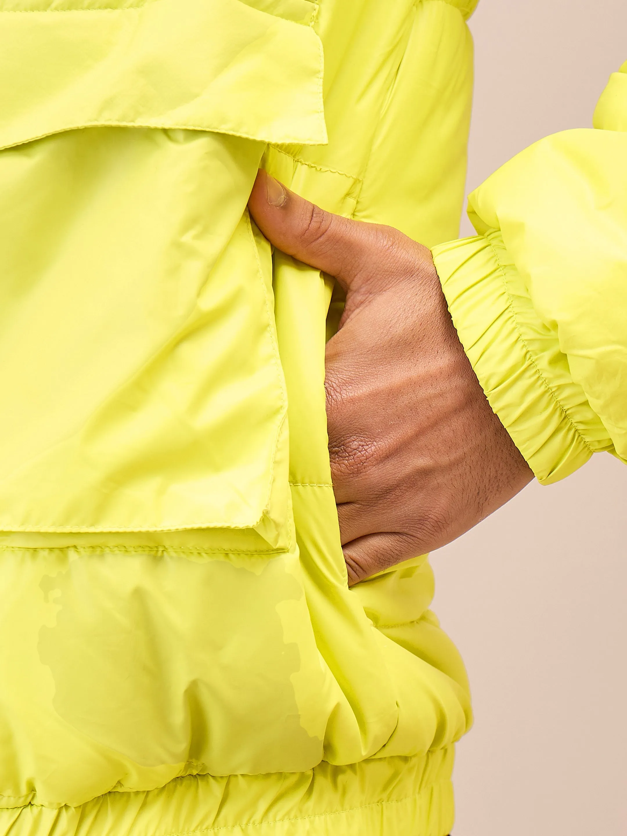 Men Neon Yellow Fur Collar Puffer Jacket