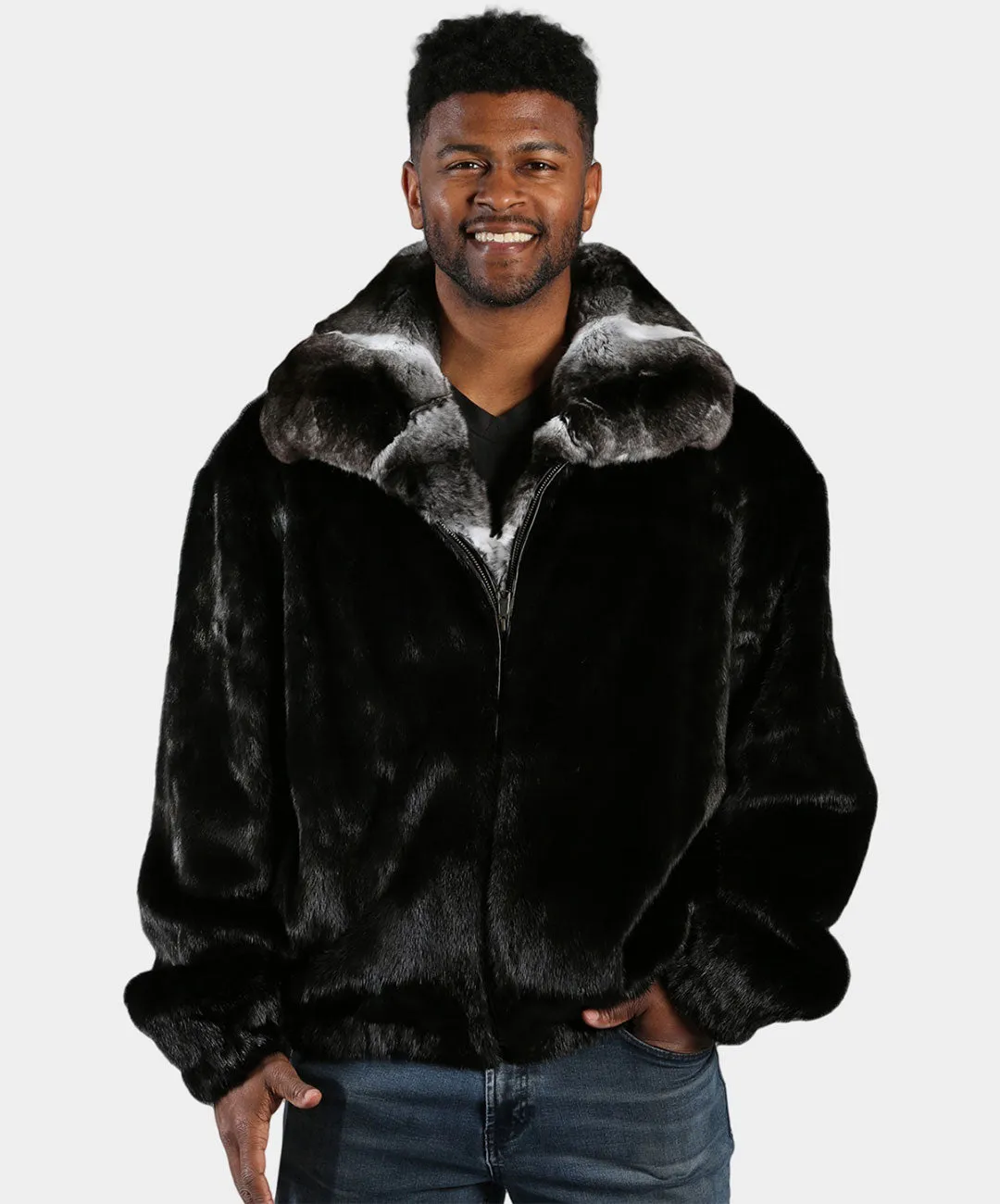 Men's Black Mink Bomber Jacket with Chinchilla Collar