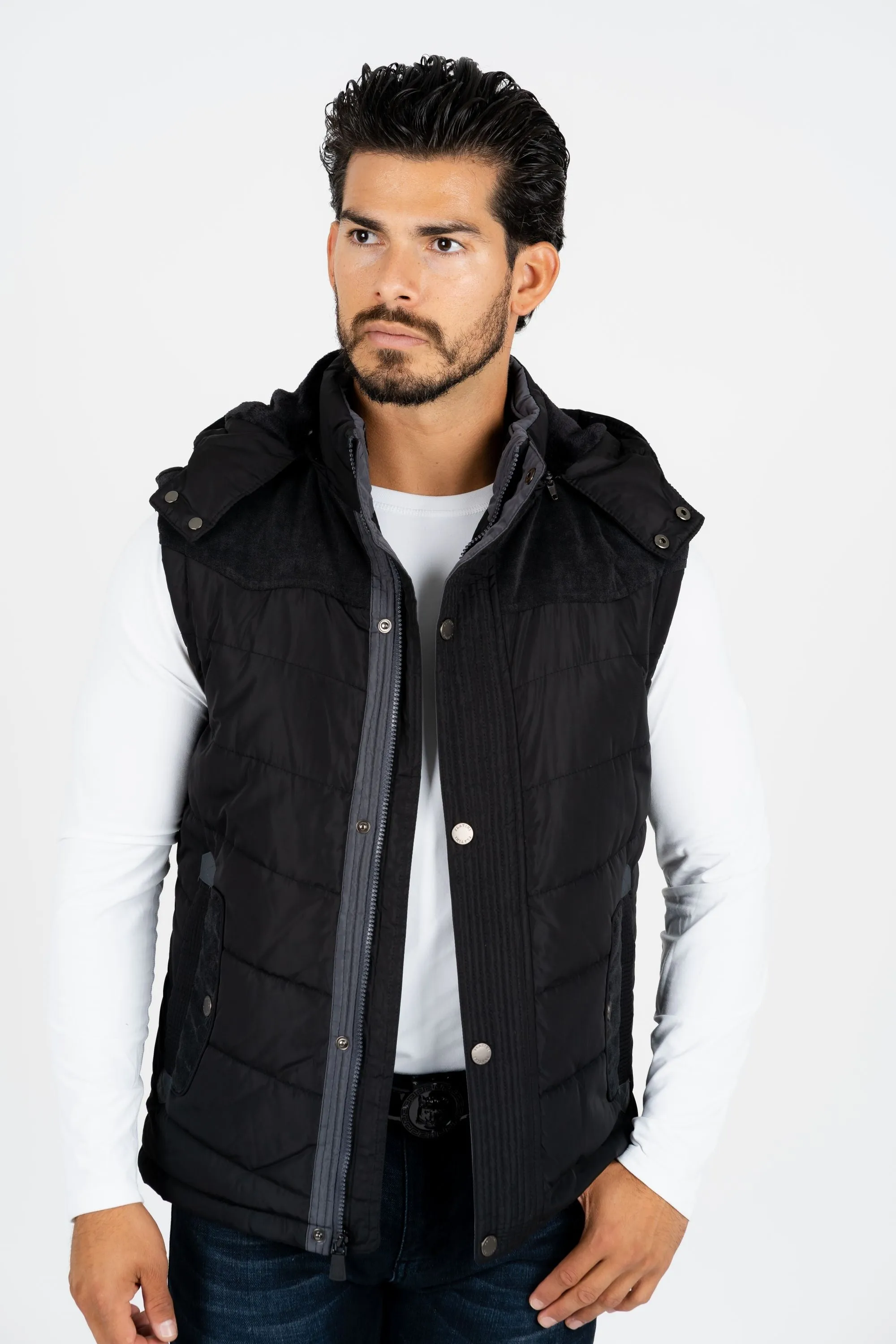 Men's Black Padded Hooded Vest w/ Faux Fur Lining