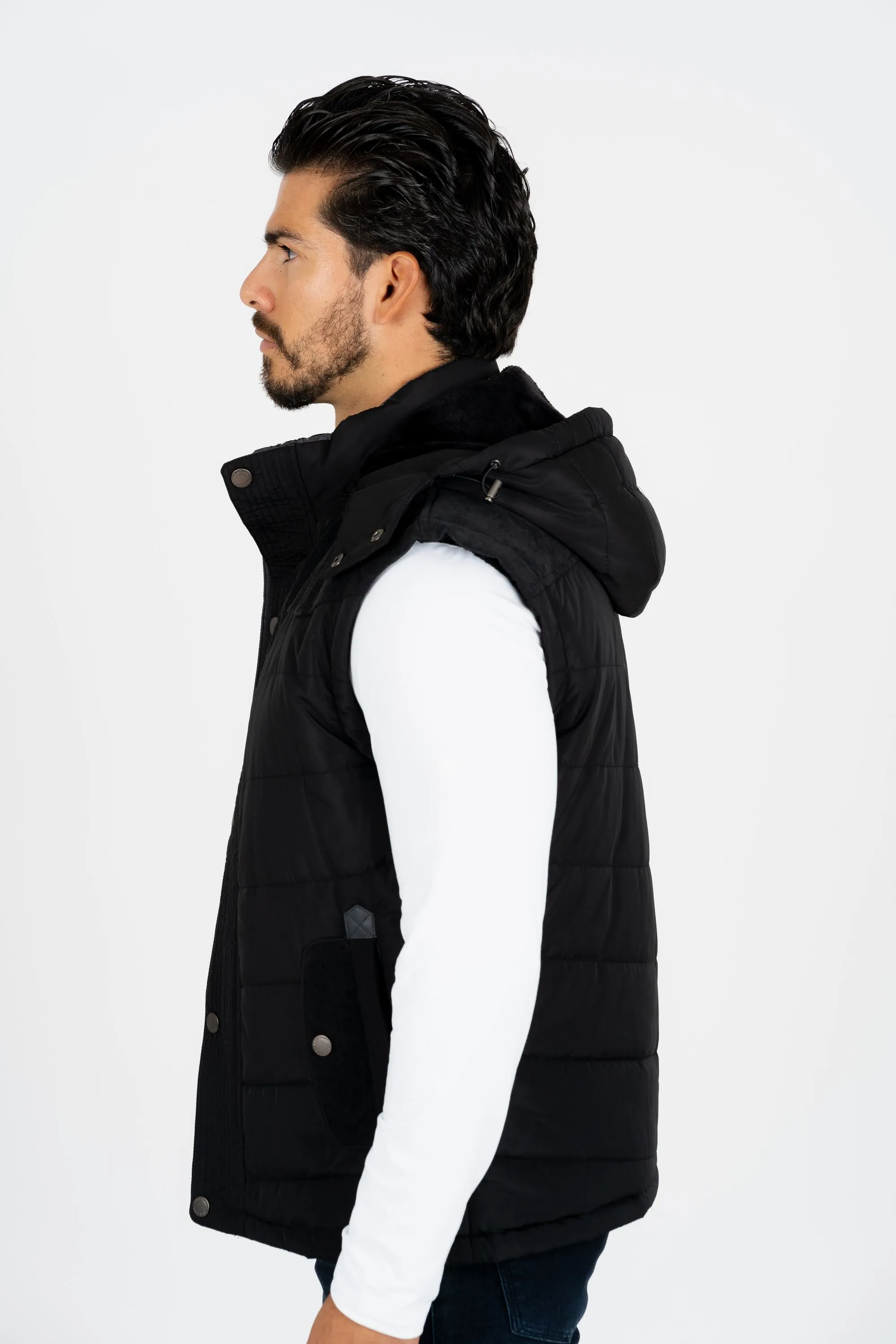 Men's Black Padded Hooded Vest w/ Faux Fur Lining