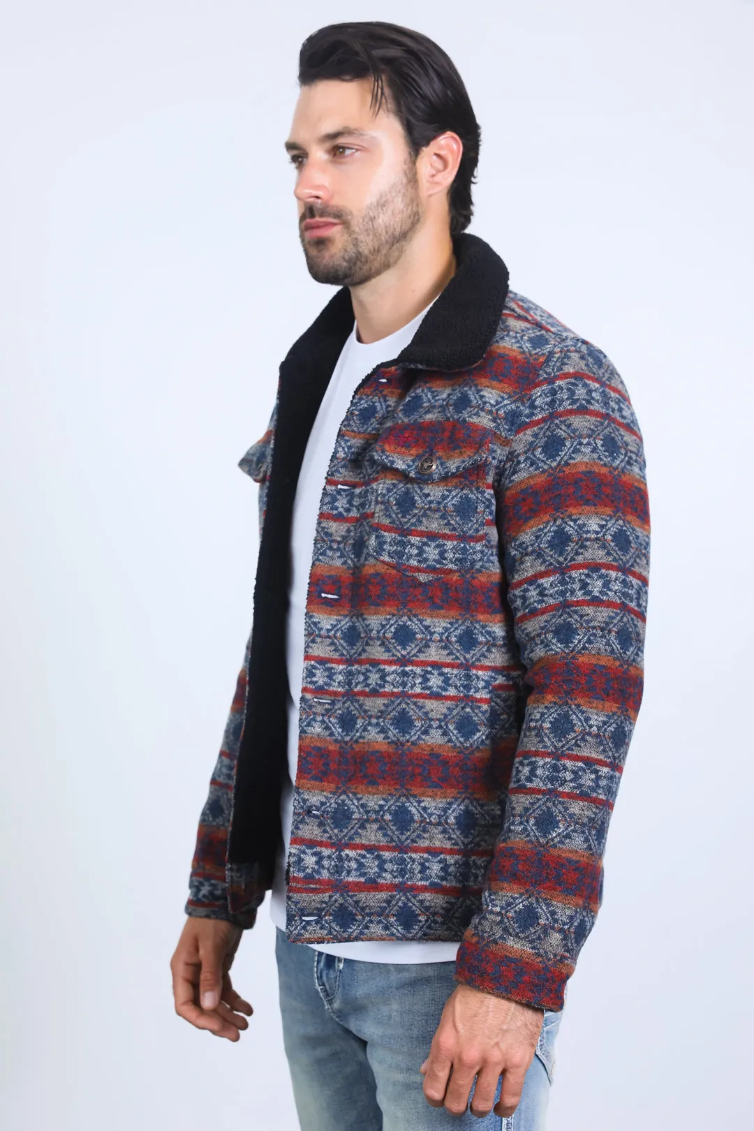 Mens Ethnic Aztec Quilted Fur Lined Black Jacket