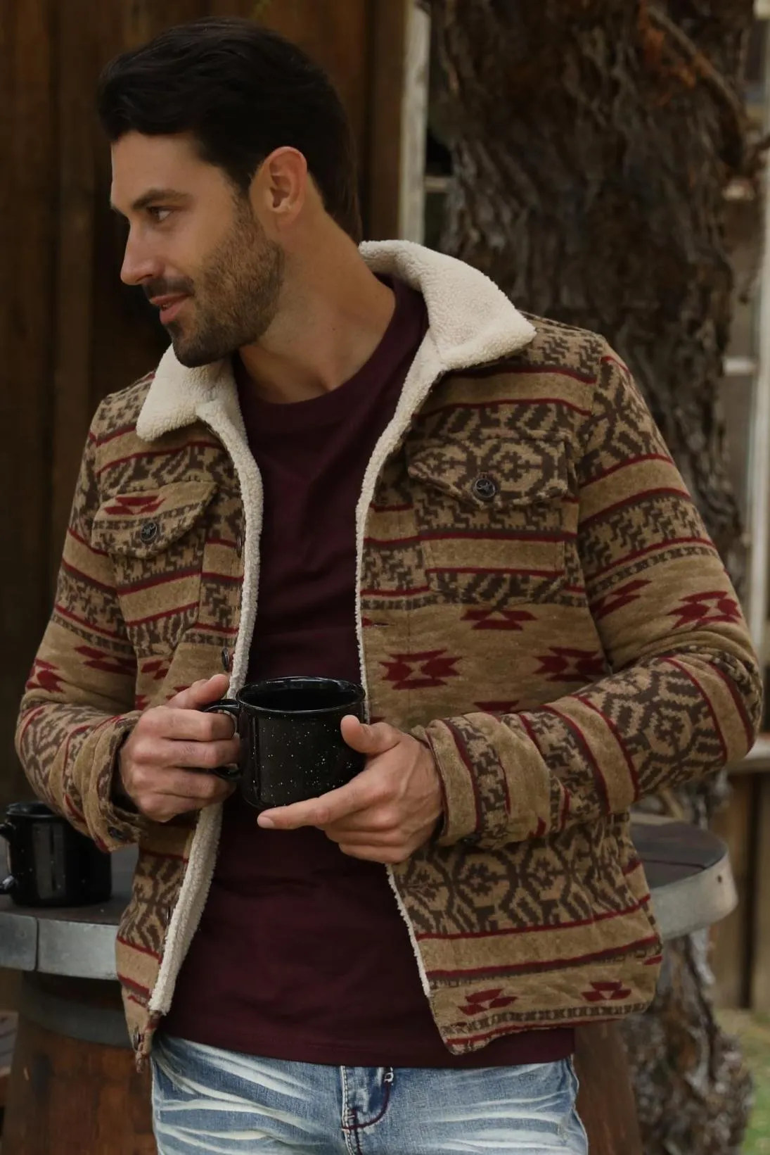 Mens Ethnic Aztec Quilted Fur Lined Camel Jacket