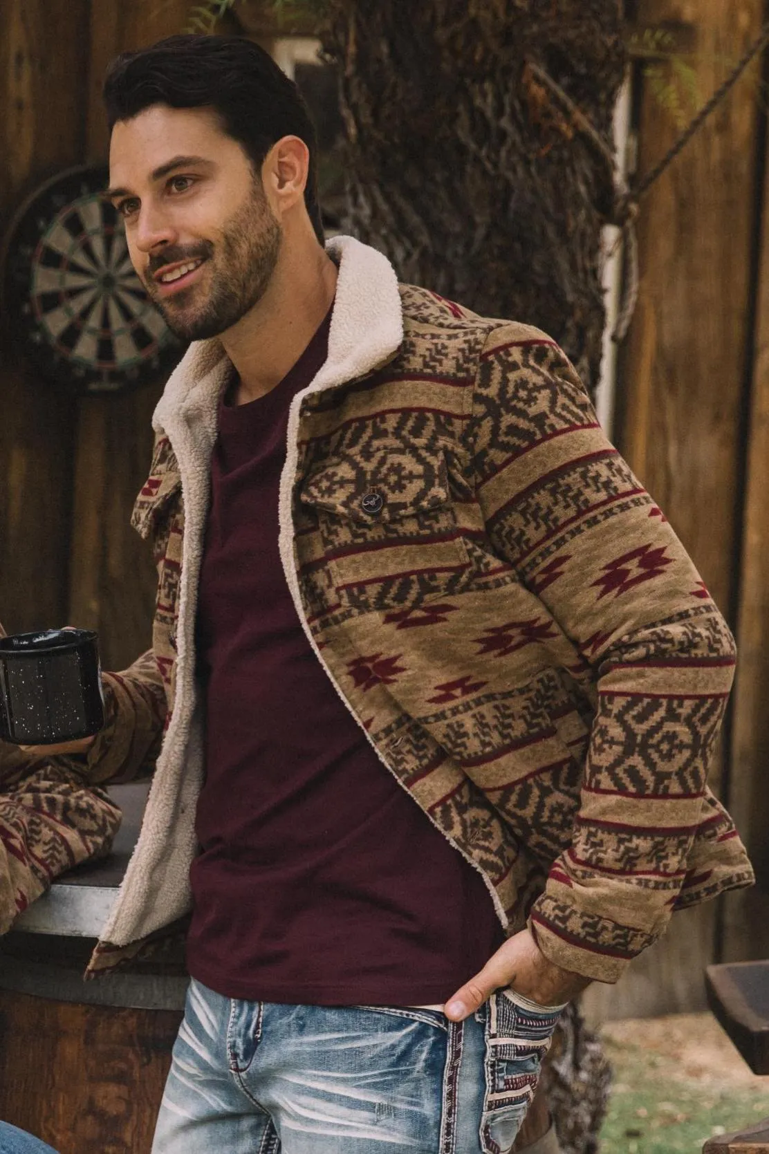 Mens Ethnic Aztec Quilted Fur Lined Camel Jacket