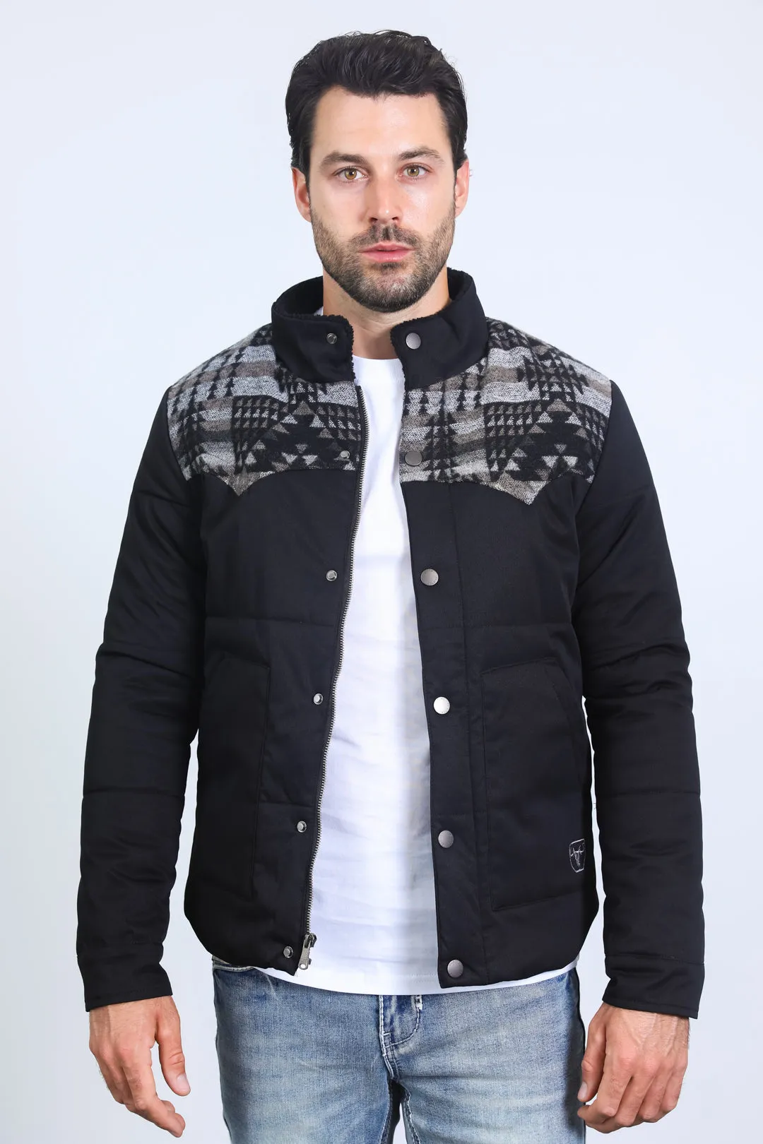 Men's Ethnic Aztec Quilted Fur Lined Twill Black Jacket