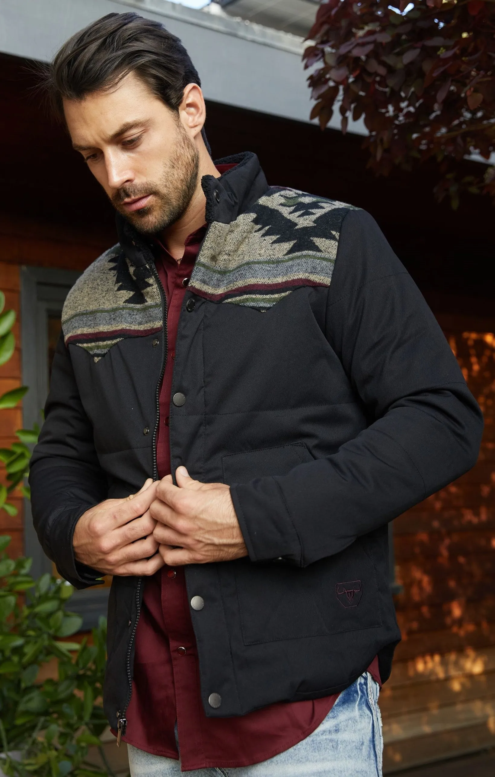 Men's Ethnic Aztec Quilted Fur Lined Twill Jacket - Black