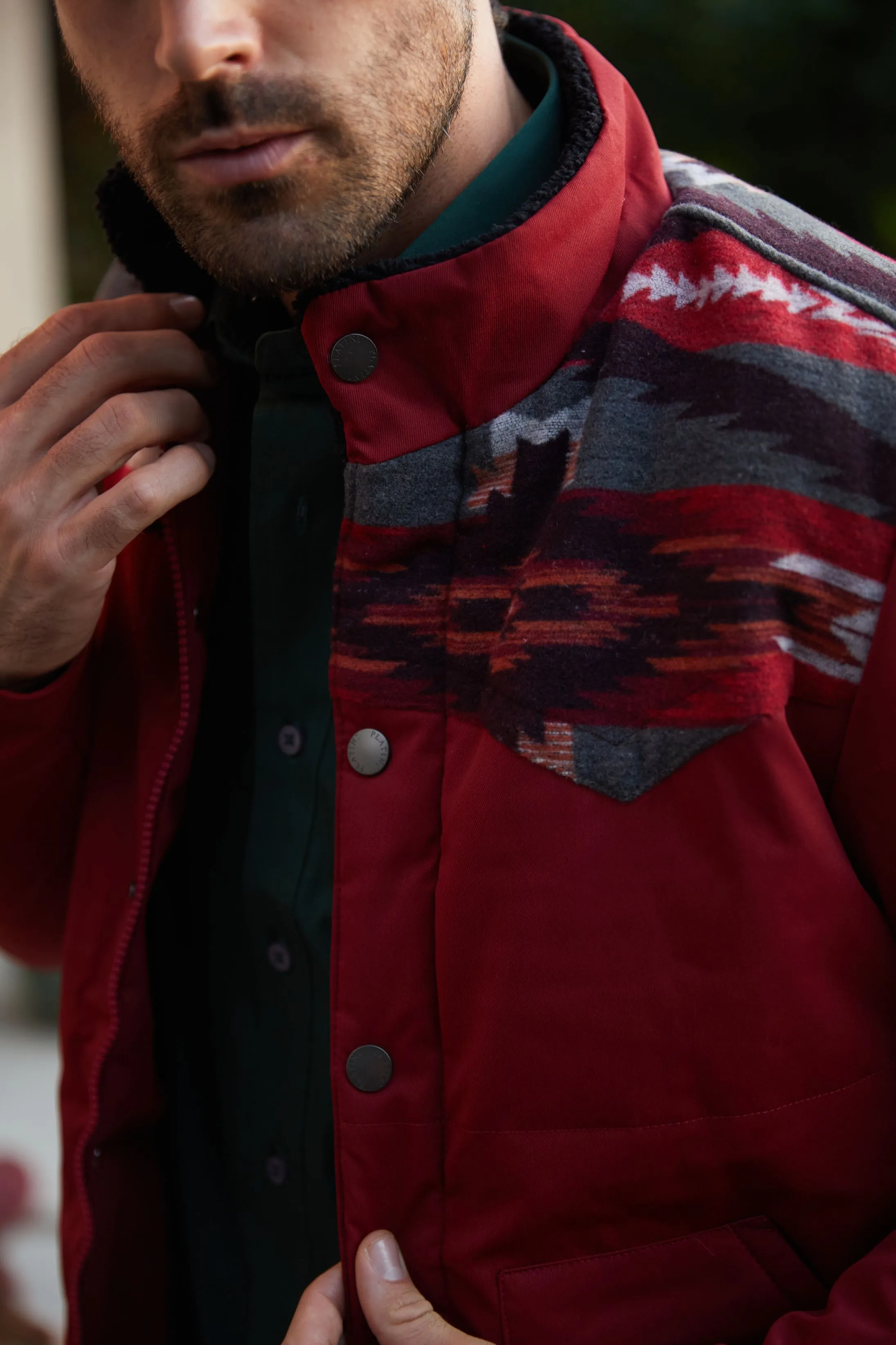 Men's Ethnic Aztec Quilted Fur Lined Twill Jacket - Red