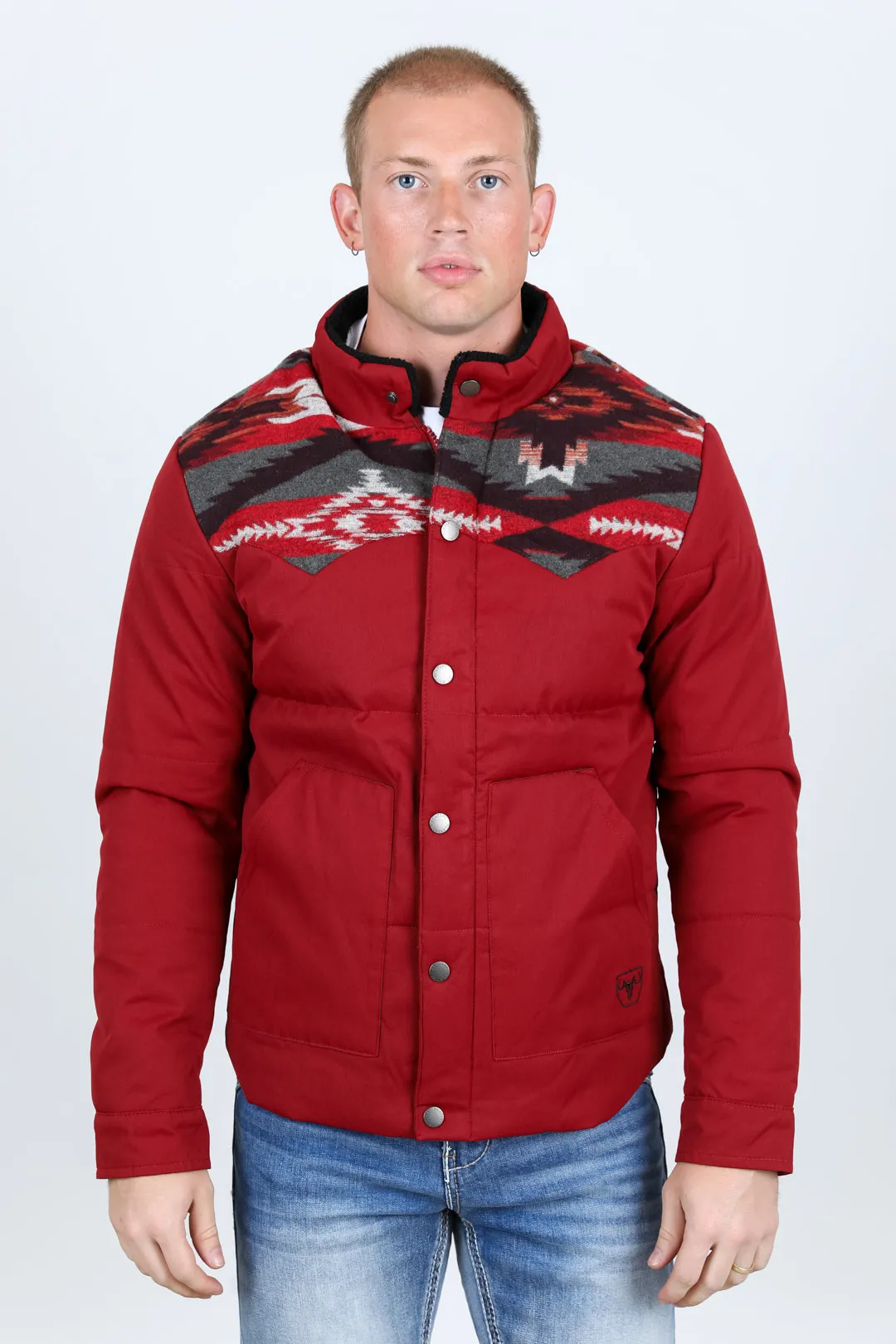 Men's Ethnic Aztec Quilted Fur Lined Twill Jacket - Red