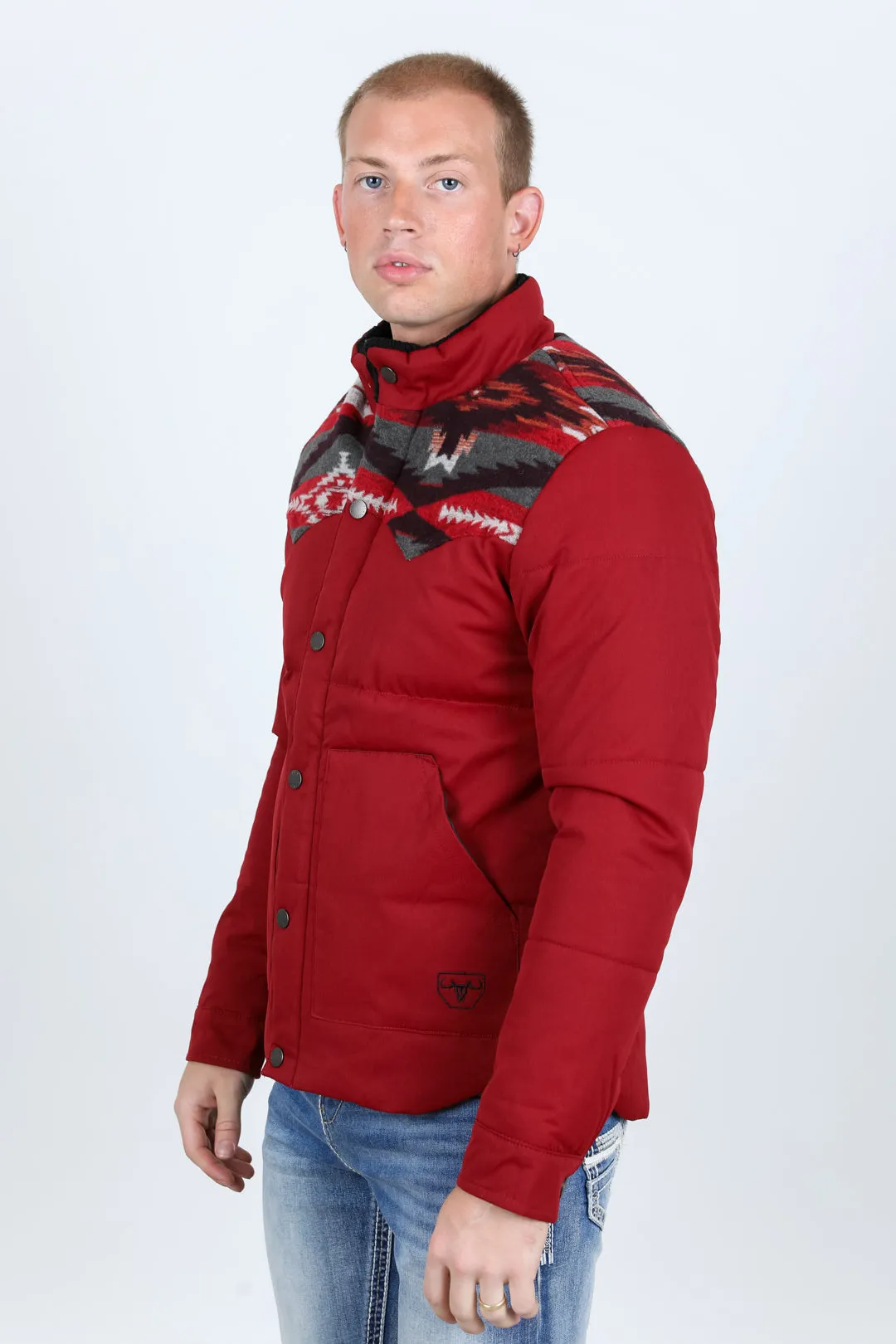 Men's Ethnic Aztec Quilted Fur Lined Twill Jacket - Red