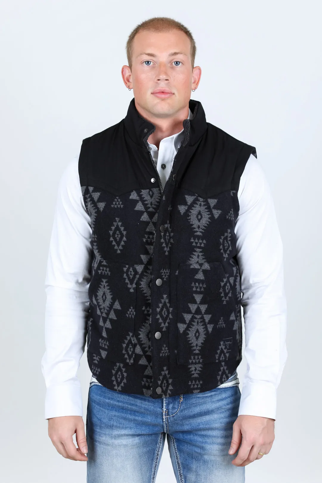 Mens Ethnic Aztec Quilted Fur Lined Vest - Black/Charcoal