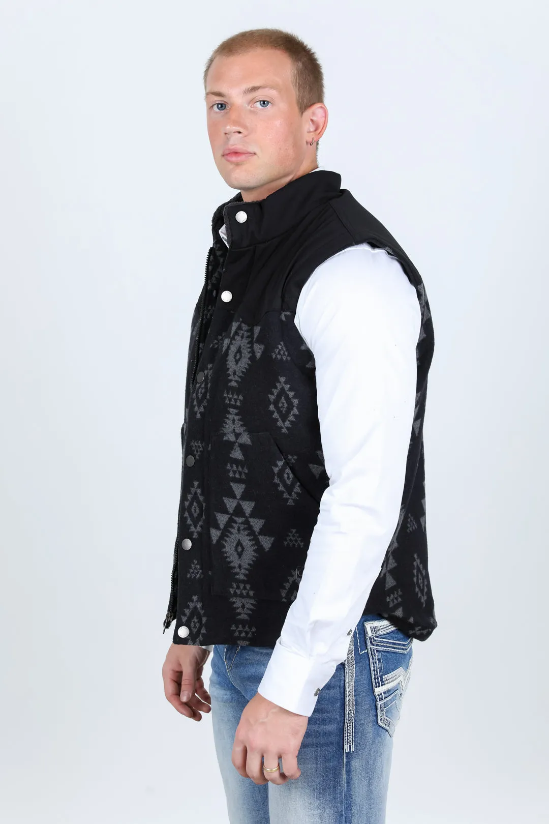 Mens Ethnic Aztec Quilted Fur Lined Vest - Black/Charcoal