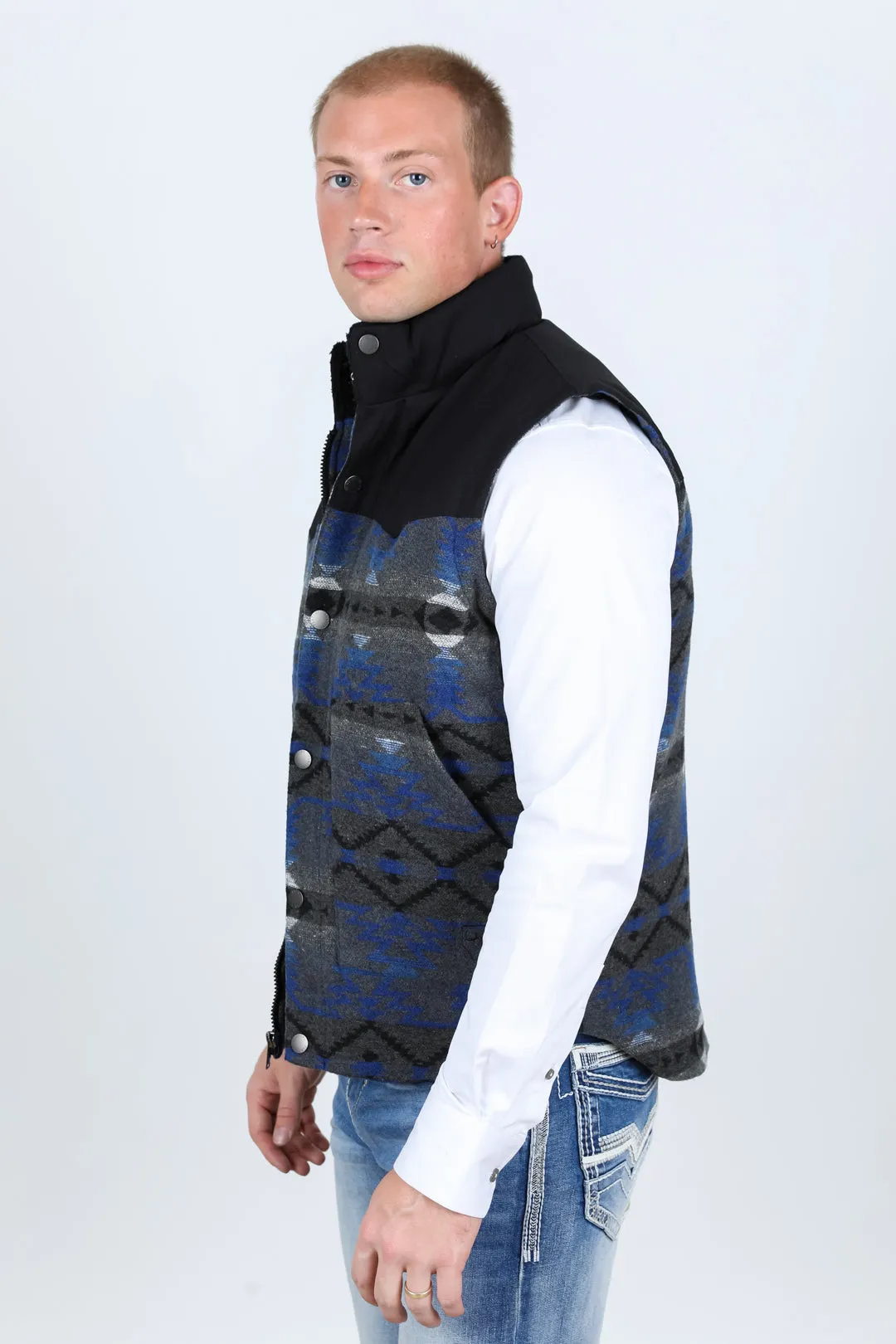 Mens Ethnic Aztec Quilted Fur Lined Vest - Gray/Royal