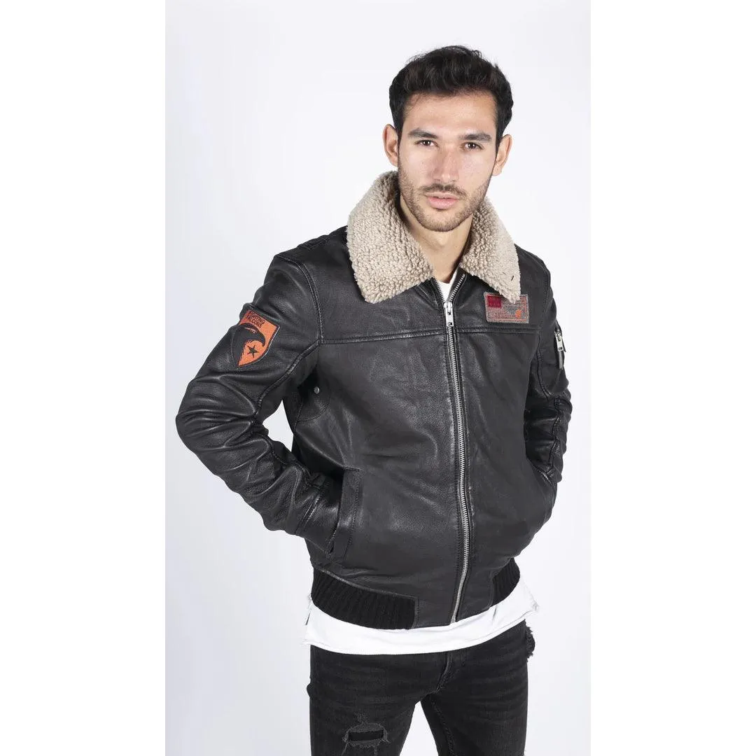 Mens Real Leather Pilot Bomber Jacket Air Force Aviator Falcon Badge Fur Collar