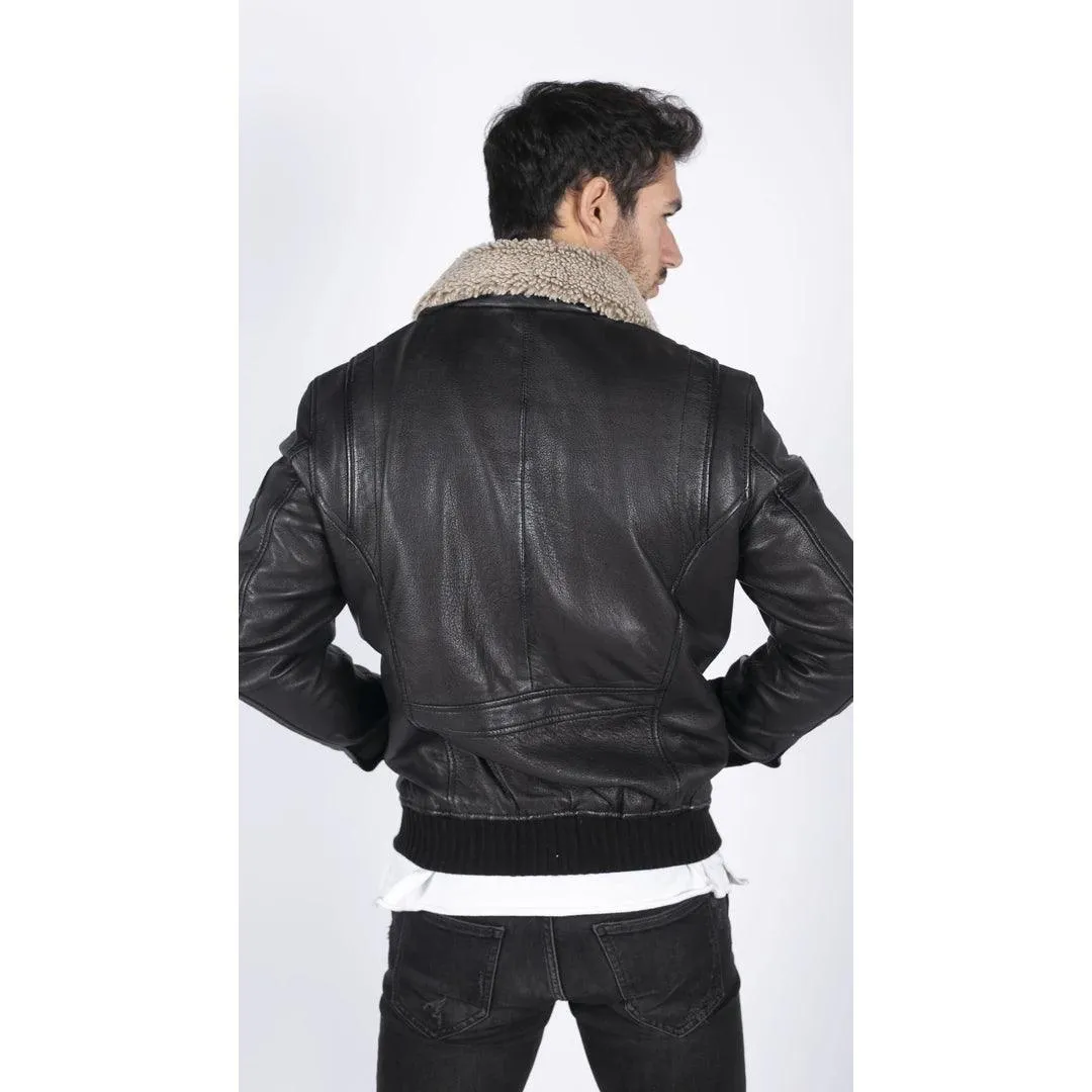 Mens Real Leather Pilot Bomber Jacket Air Force Aviator Falcon Badge Fur Collar