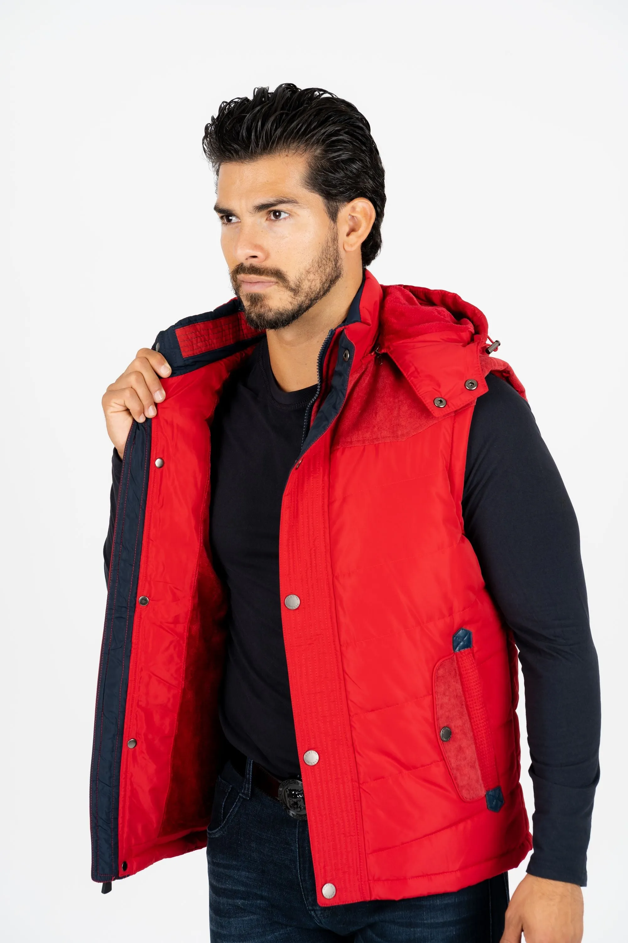 Men's Red Padded Hooded Vest w/ Faux Fur Lining