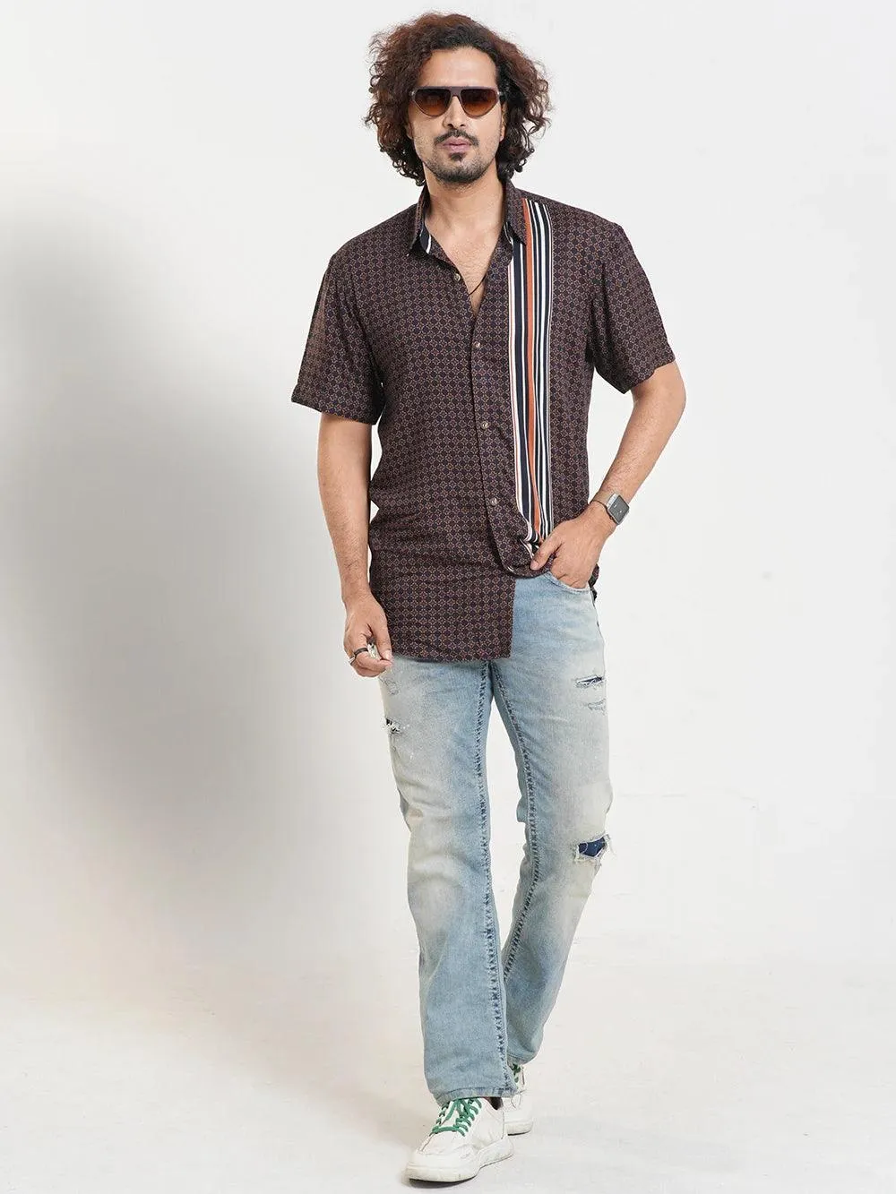 Men's Short Sleeve Casual Printed With Stripe Design Combo Shirt