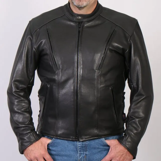 Men's USA Made Vented Premium Leather Motorcycle Jacket w/ Side Lace, JKM5002-HL