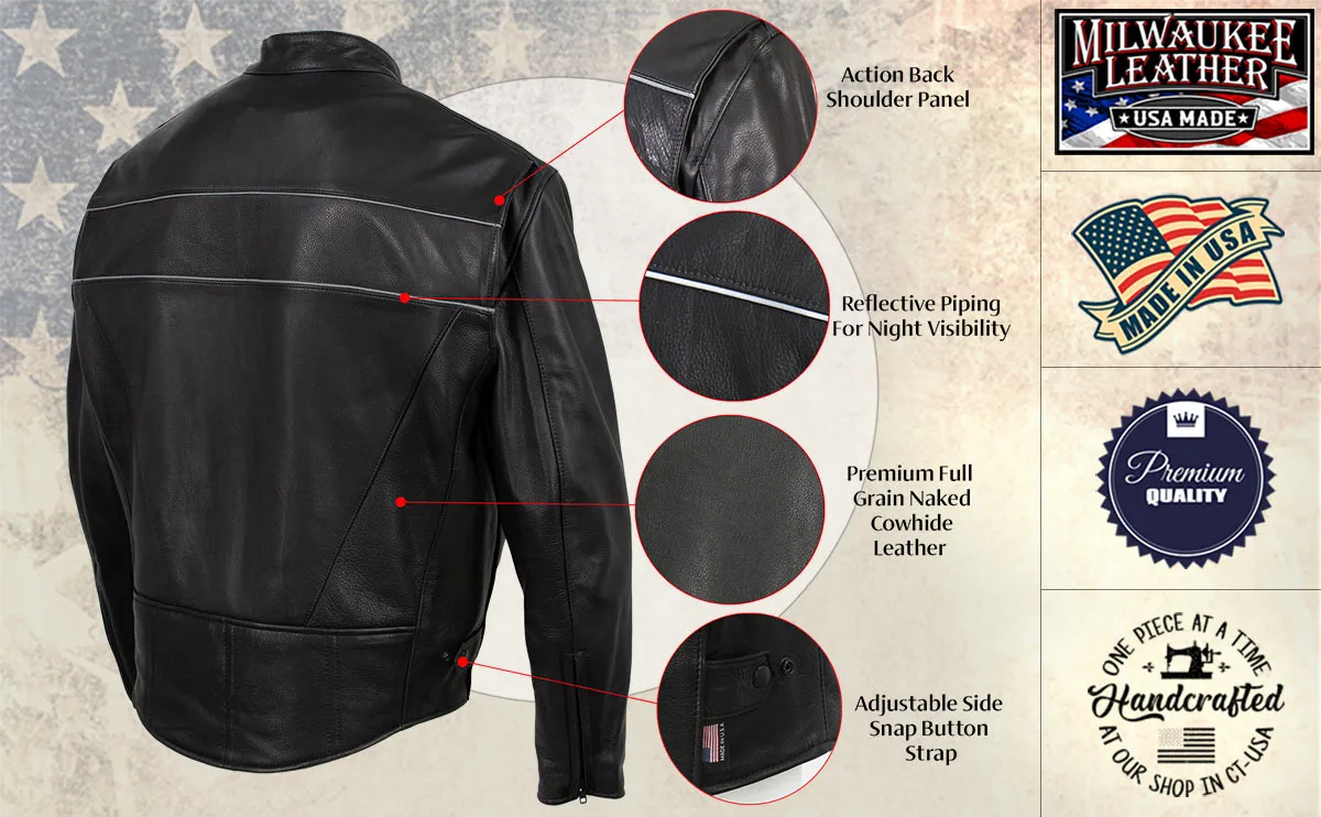 Milwaukee Leather USA MADE MLJKM5003 Men's Black 'Echo' Premium Leather Motorcycle Jacket with Reflective Piping