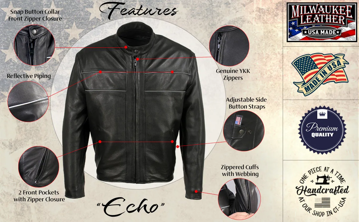 Milwaukee Leather USA MADE MLJKM5003 Men's Black 'Echo' Premium Leather Motorcycle Jacket with Reflective Piping