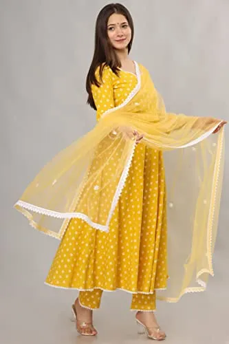 miss fame Women's Cotton Anarkali Kurta with Pants and Dupatta - (Yellow, XX-Large)