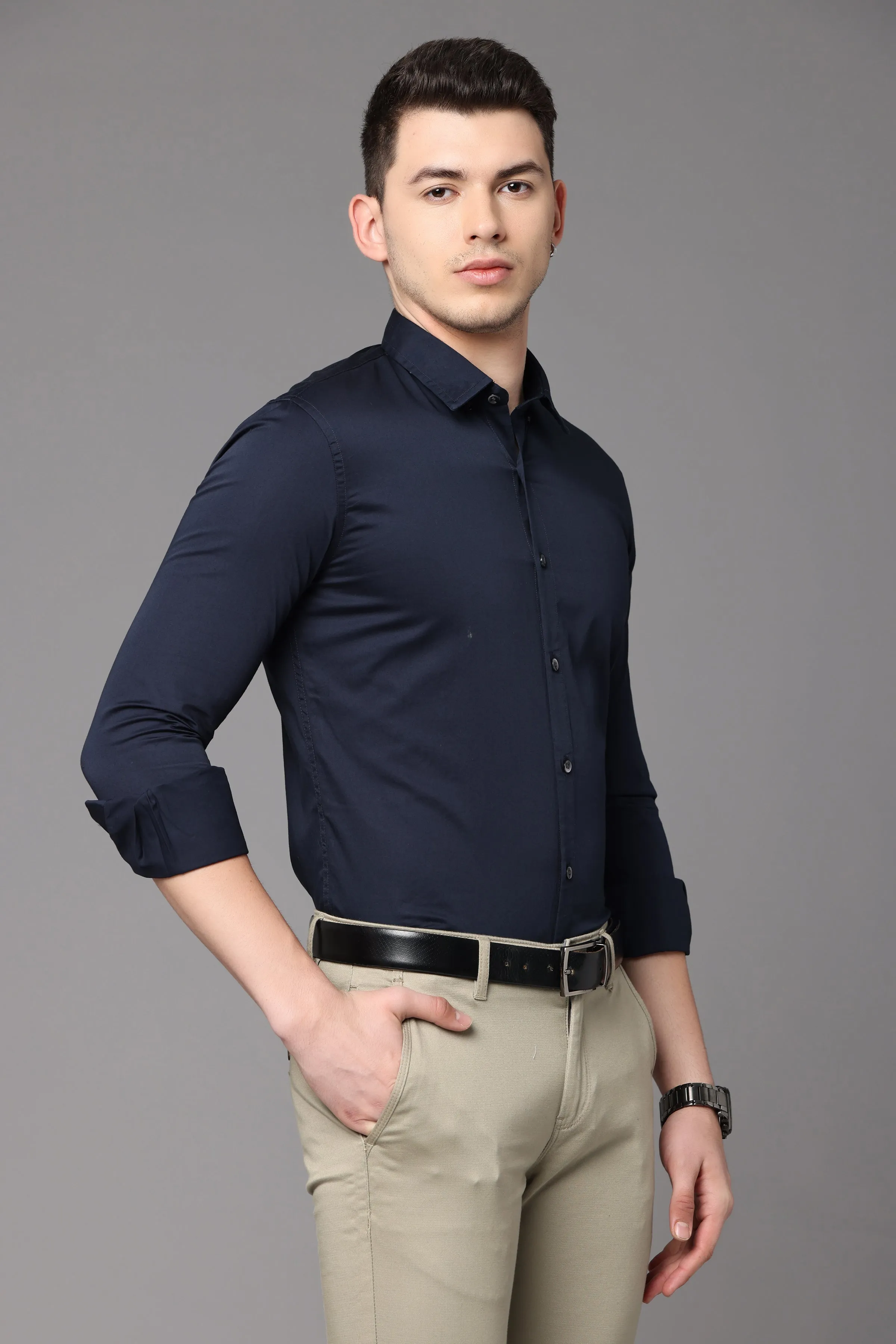 Navy Blue Plain Slim Fit Shirt