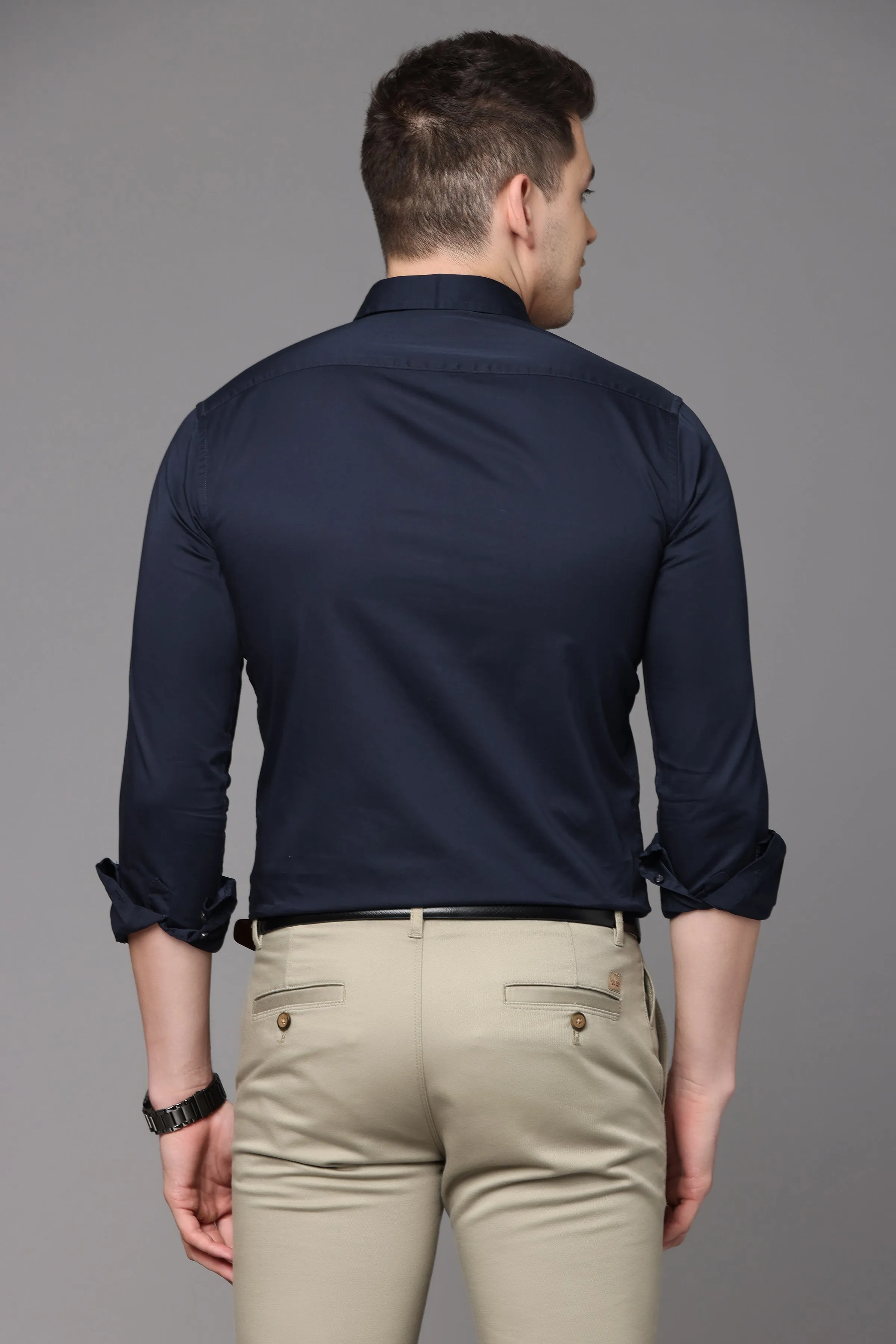 Navy Blue Plain Slim Fit Shirt