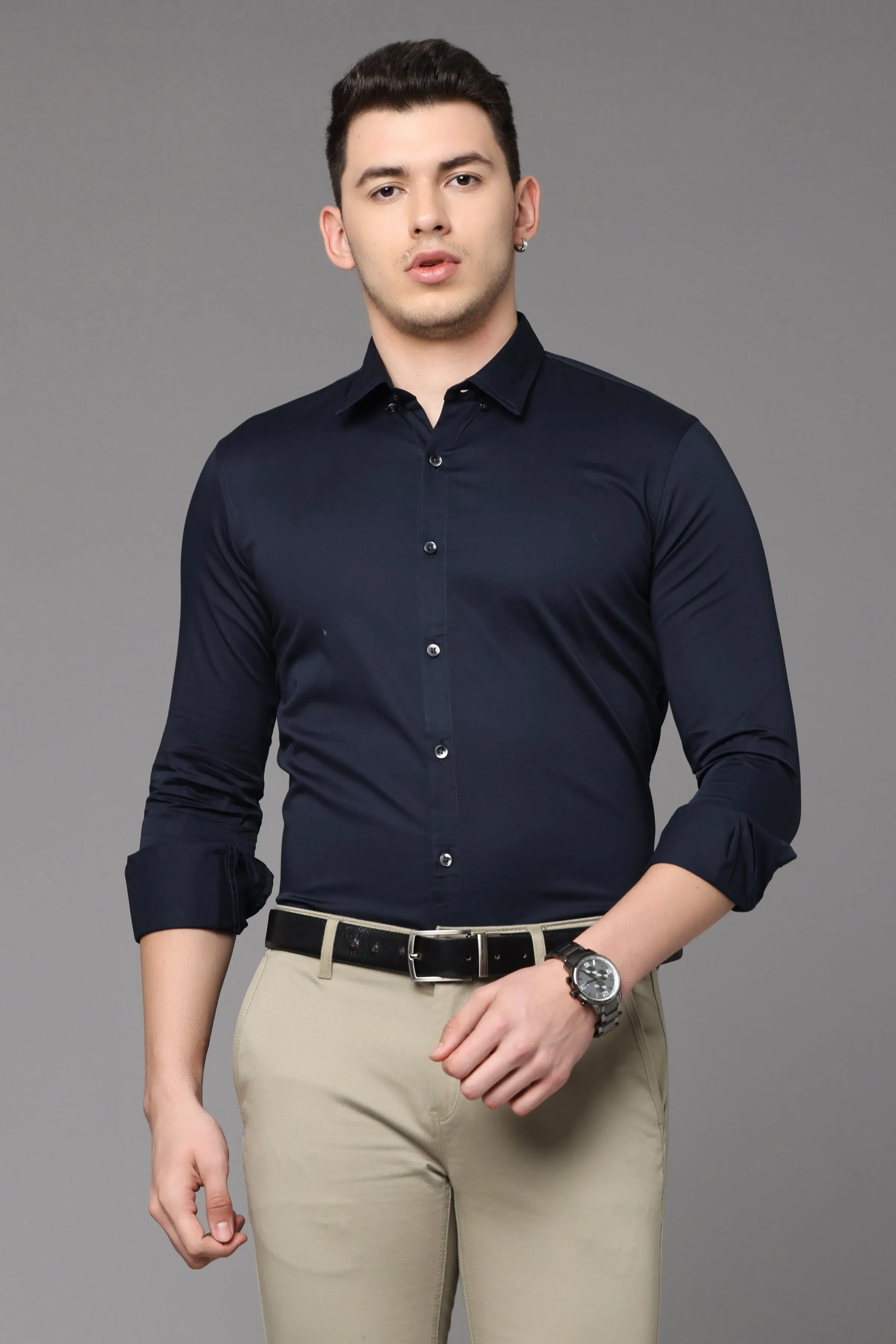 Navy Blue Plain Slim Fit Shirt