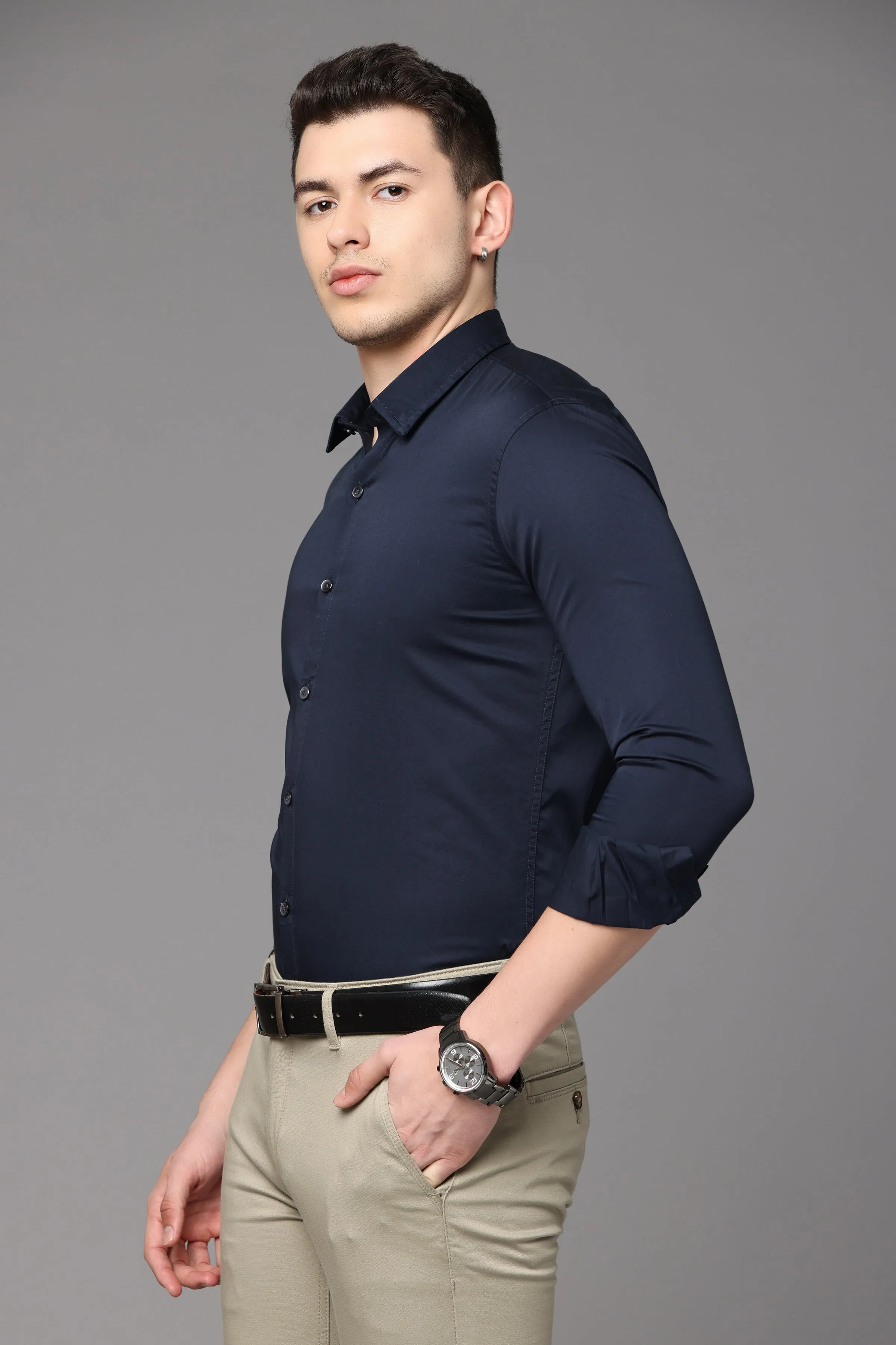 Navy Blue Plain Slim Fit Shirt