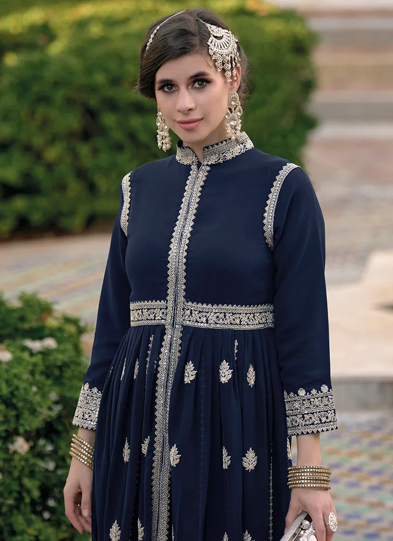 Navy Blue Sequence Embroidery Slit Style Festive Anarkali Pant Suit