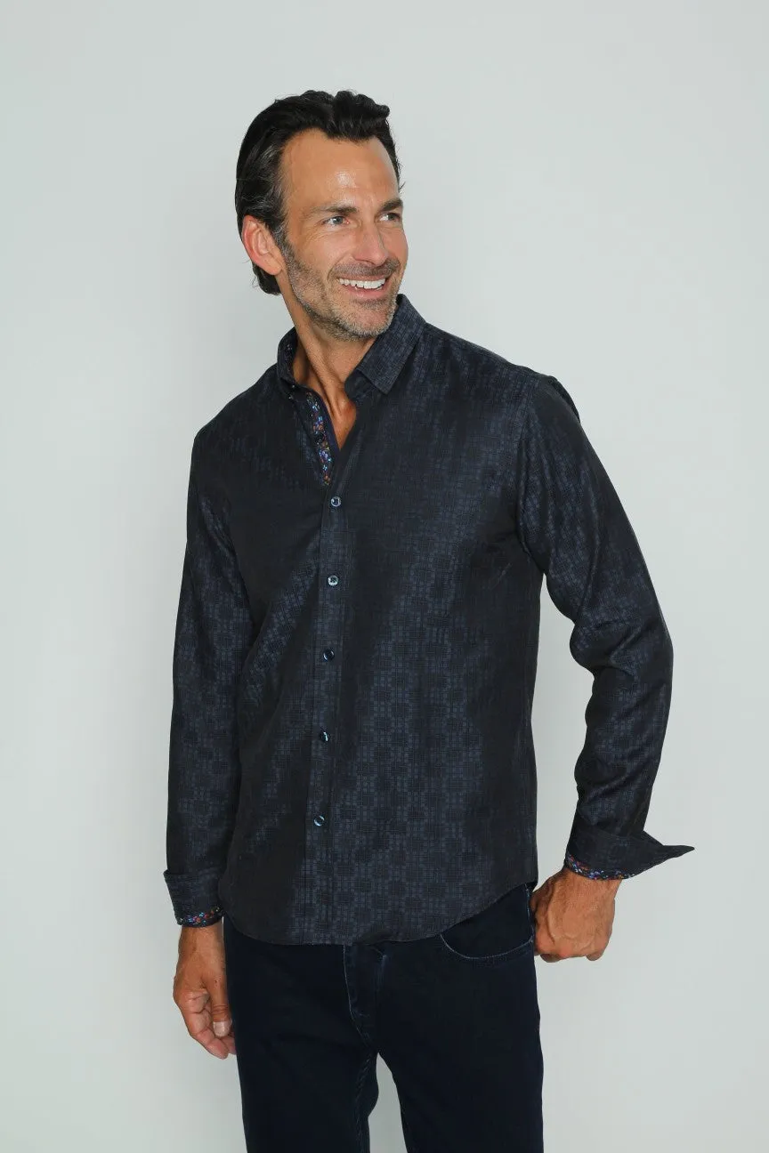 Navy Design Jacquard Button Down Shirt W/ Butterfly Trim