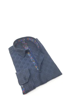 Navy Design Jacquard Button Down Shirt W/ Butterfly Trim