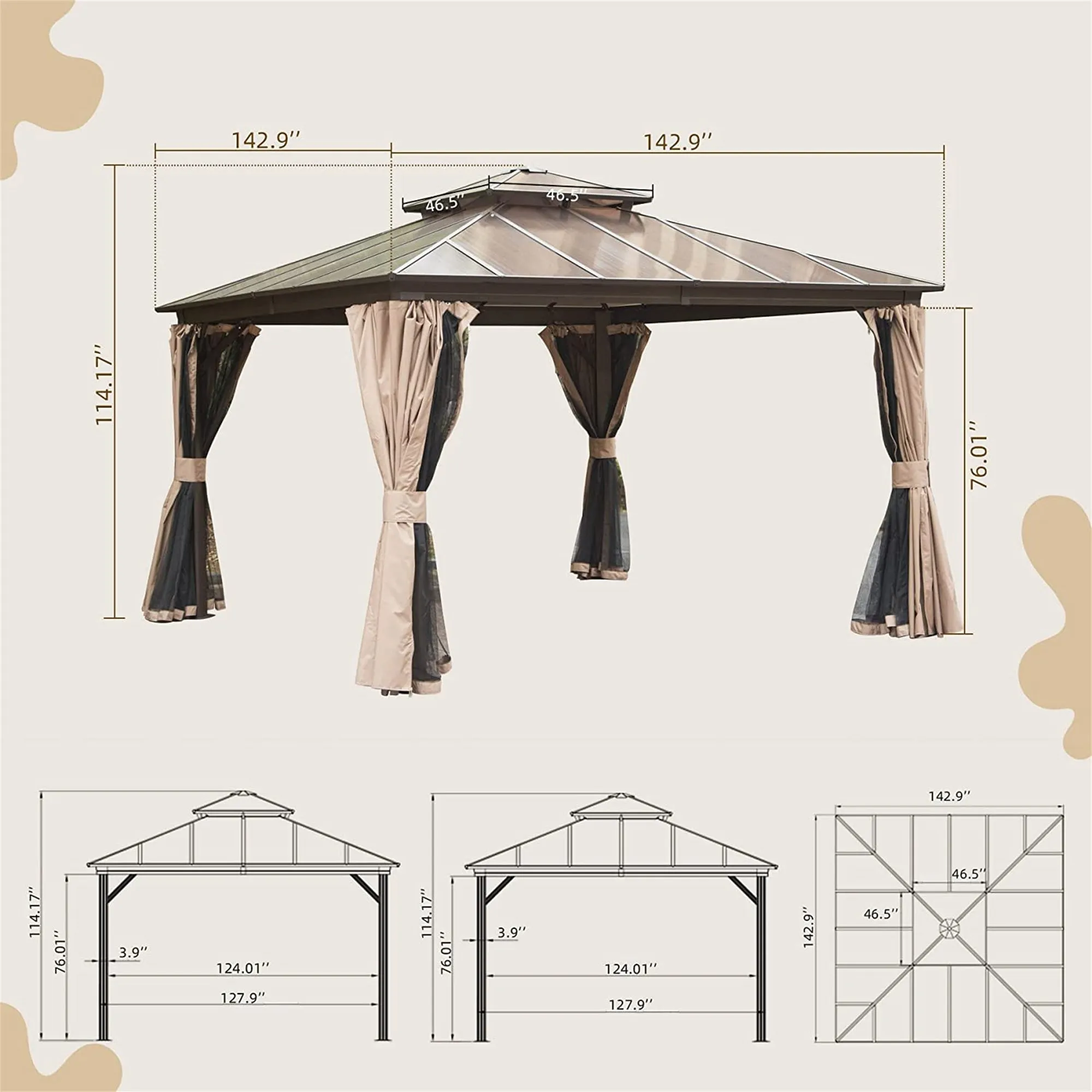 Newton 12 X 12 ft Outdoor Galvanized Steel Roof Gazebo - Brown