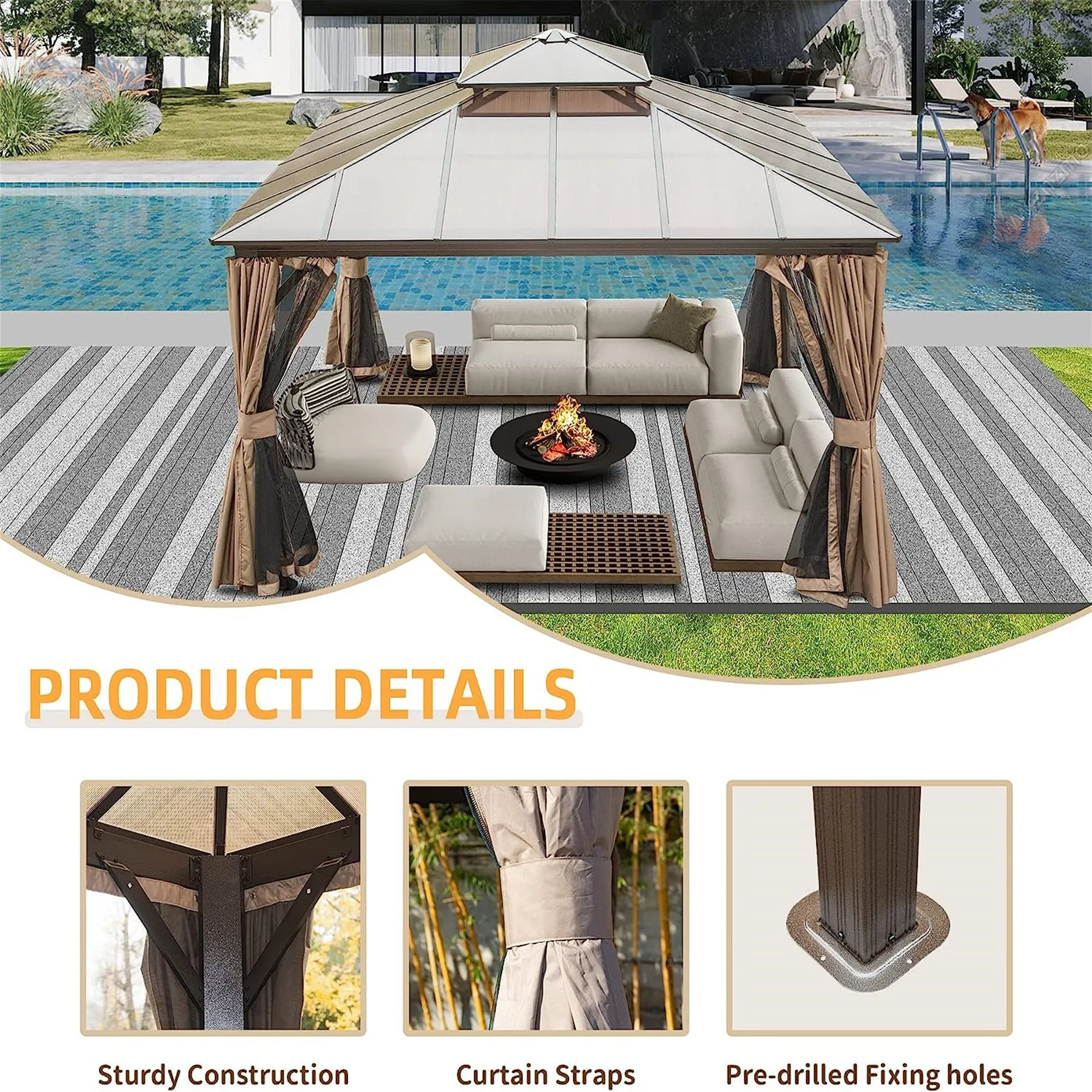 Newton 12 X 12 ft Outdoor Galvanized Steel Roof Gazebo - Brown