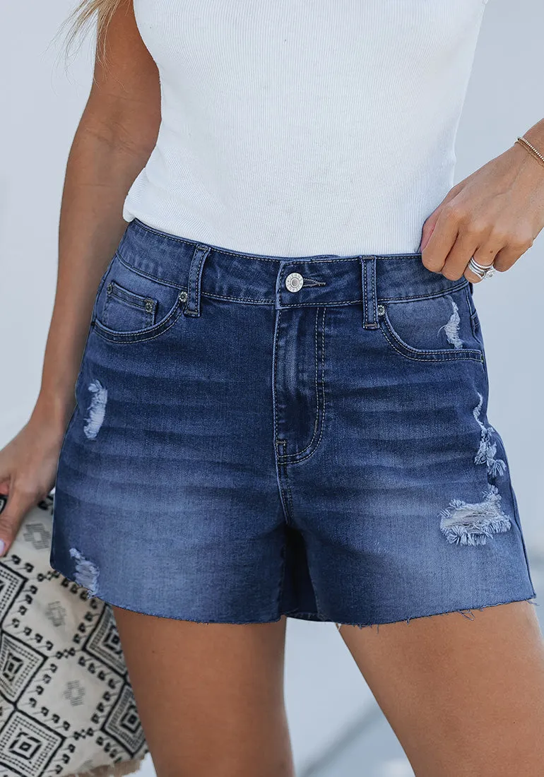 Nightfall Blue Women's High Waisted Distressed Denim Jeans Shorts Ripped Raw Hem Jean Shorts