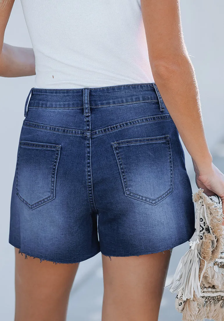 Nightfall Blue Women's High Waisted Distressed Denim Jeans Shorts Ripped Raw Hem Jean Shorts