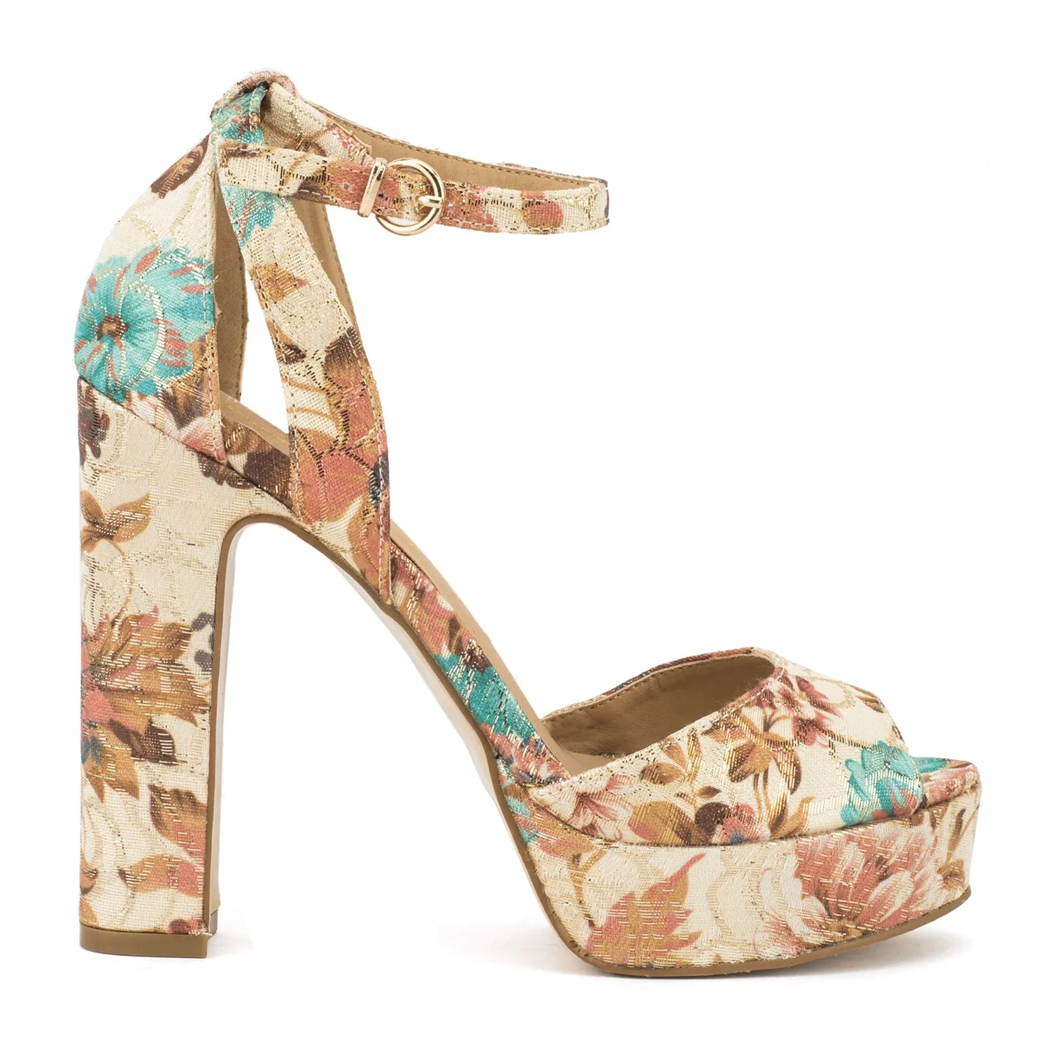 Nude Floral Print Platform Block Heel Sandals