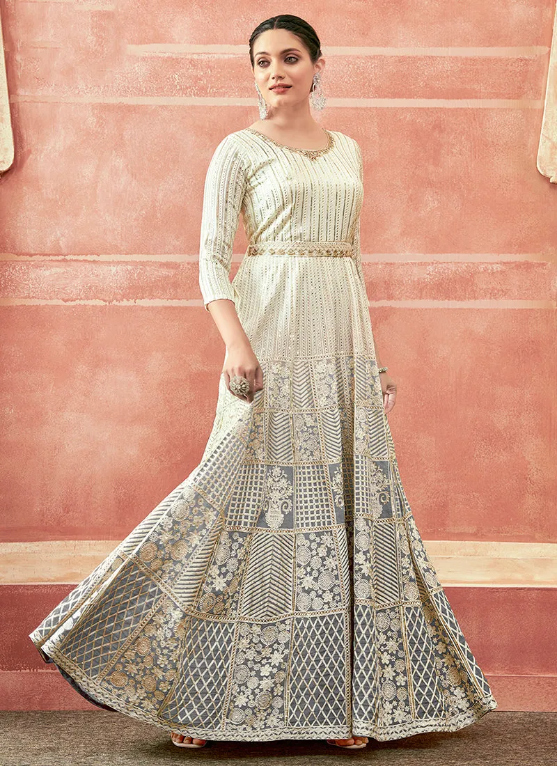 Off White And Grey Designer Embroidery Anarkali Suit