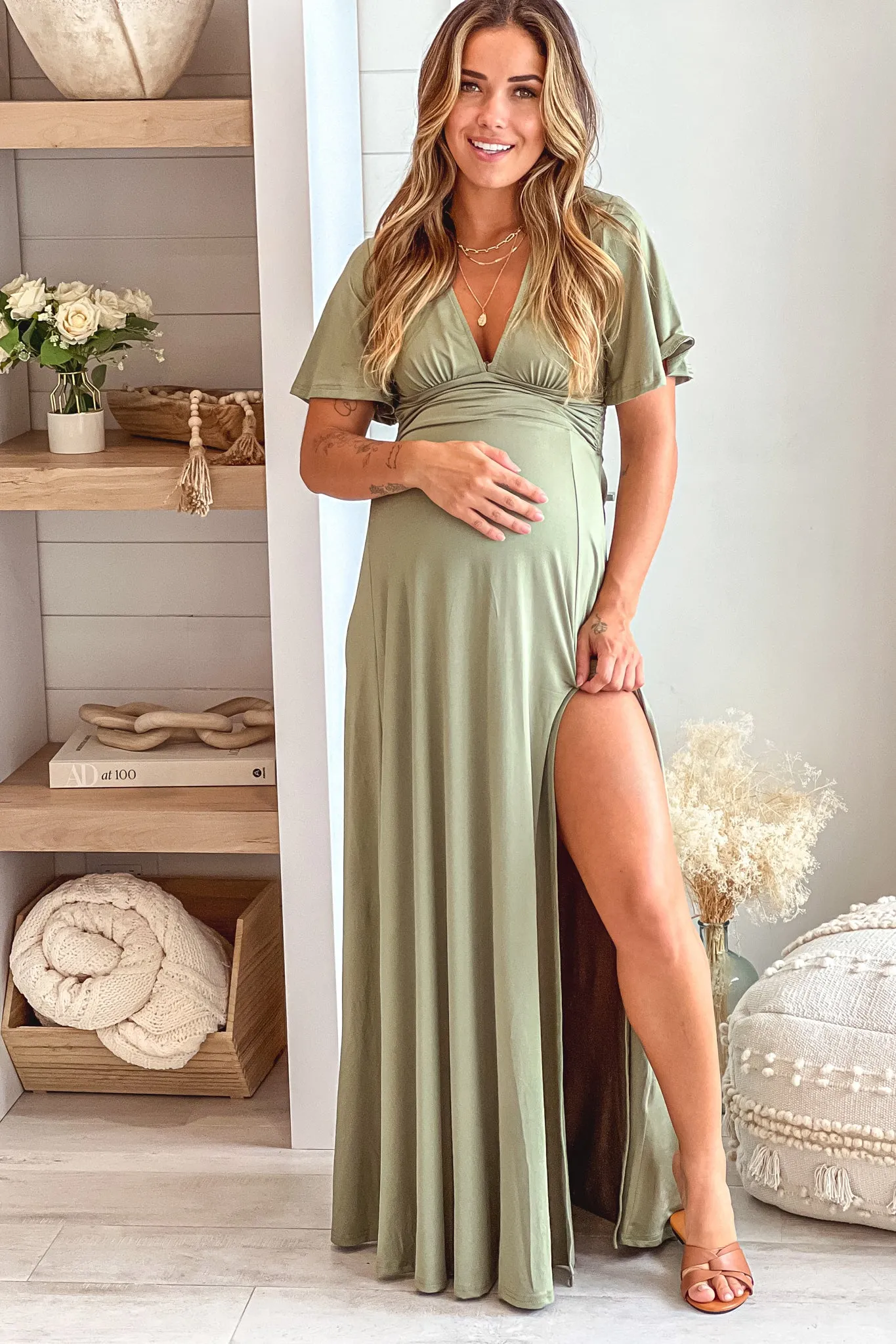 Olive Maternity Maxi Dress with Slit and Short Sleeves