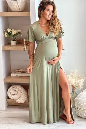 Olive Maternity Maxi Dress with Slit and Short Sleeves