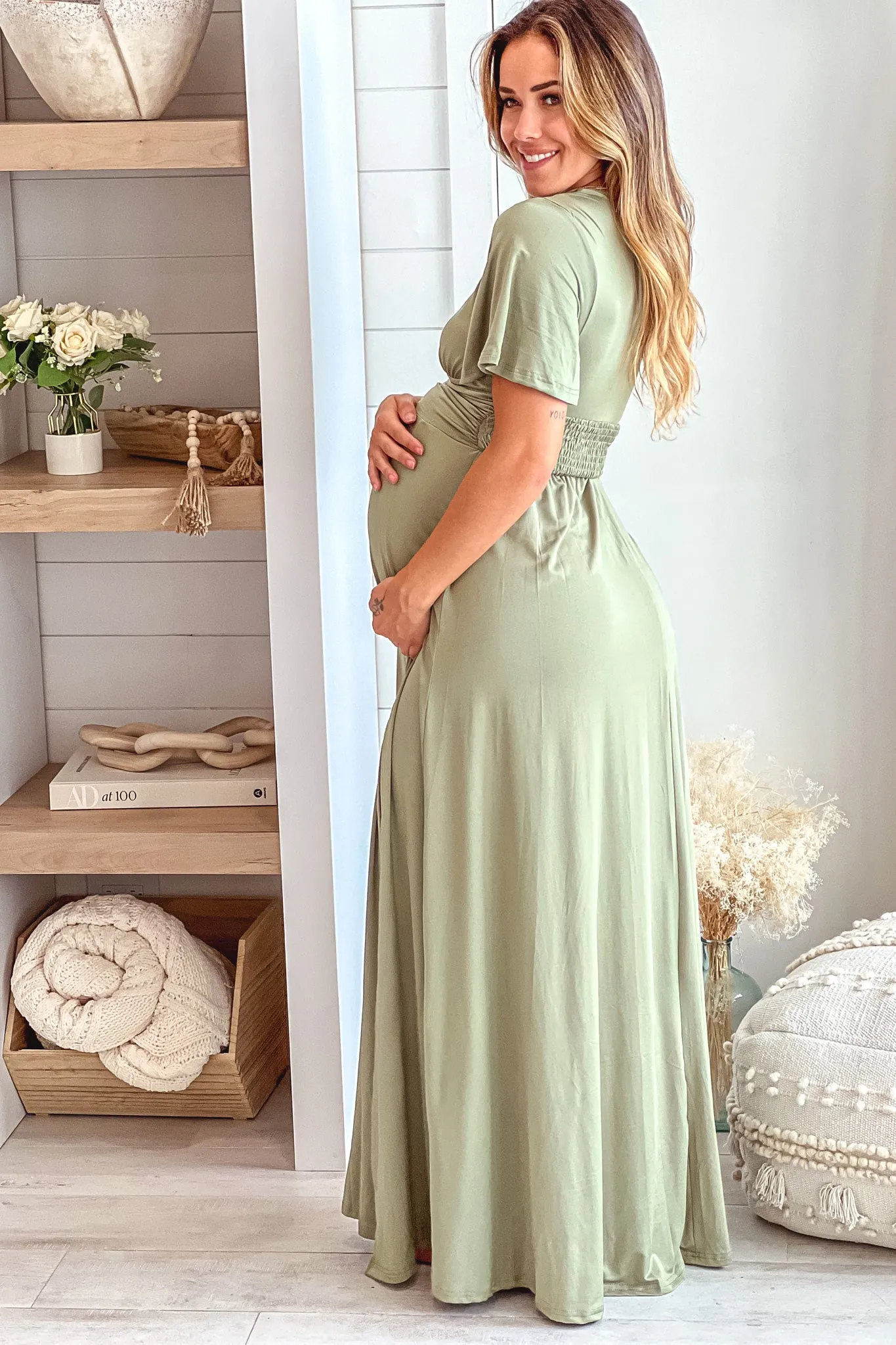 Olive Maternity Maxi Dress with Slit and Short Sleeves